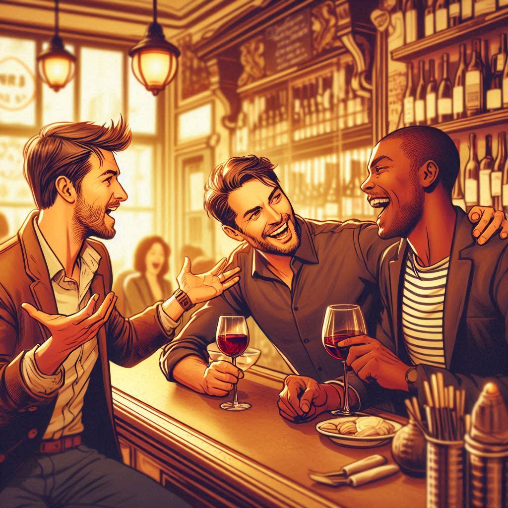 Quatre amis en plein débat dans un bistrot parisien — illustration article L'IA va-t-elle nous remplacer ? VersusIA