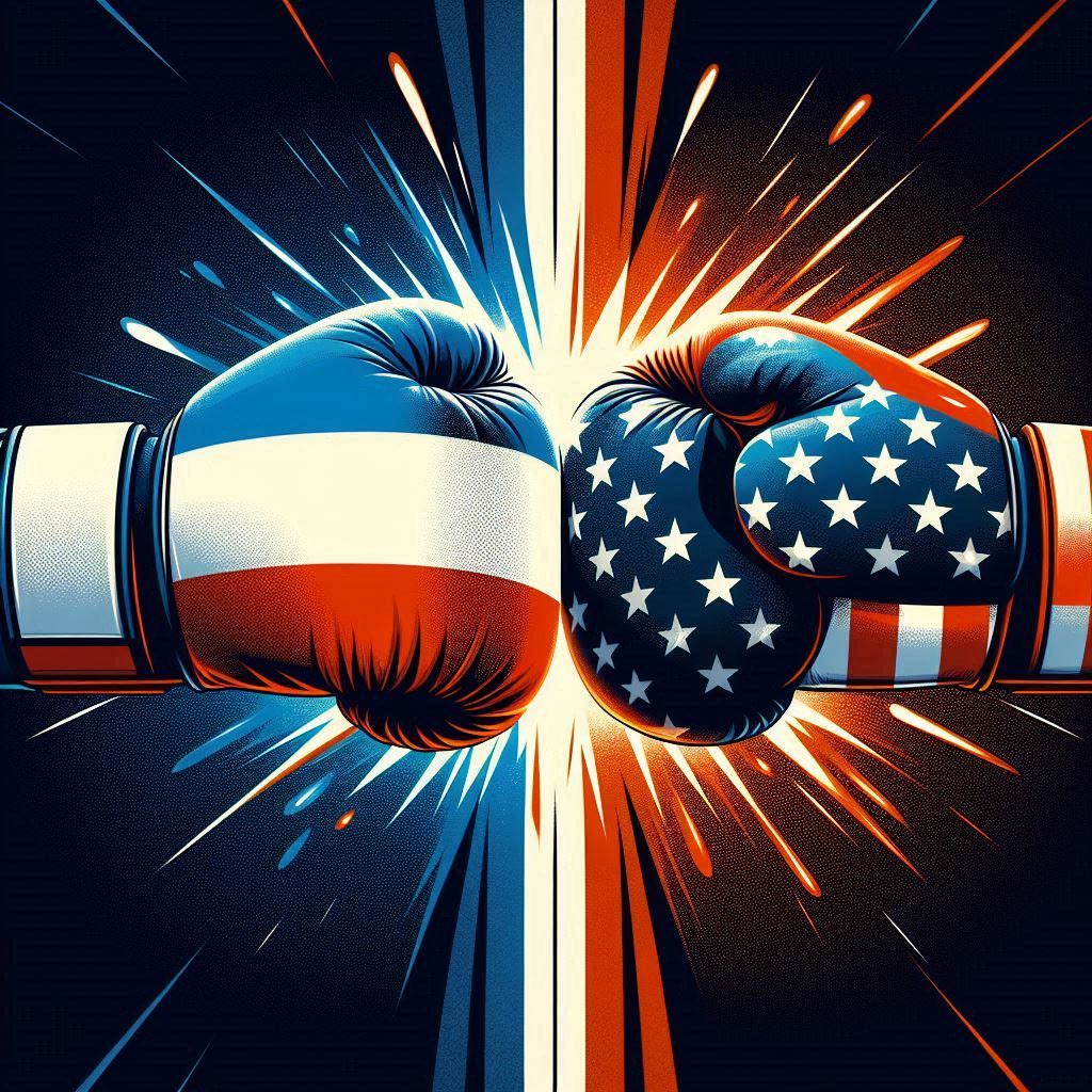 Match Mistral Le Chat vs ChatGPT — illustration boxing France versus USA — comparatif IA 2026 VersusIA