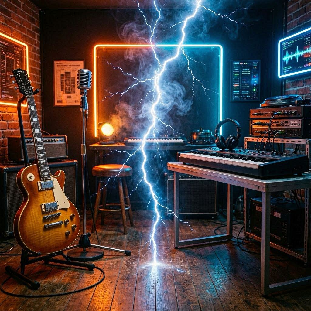 Studio de musique avec guitare et microphone vintage orange (Suno) face à un clavier synthétiseur bleu et casque (Udio), éclair central — match IA musicale 2026