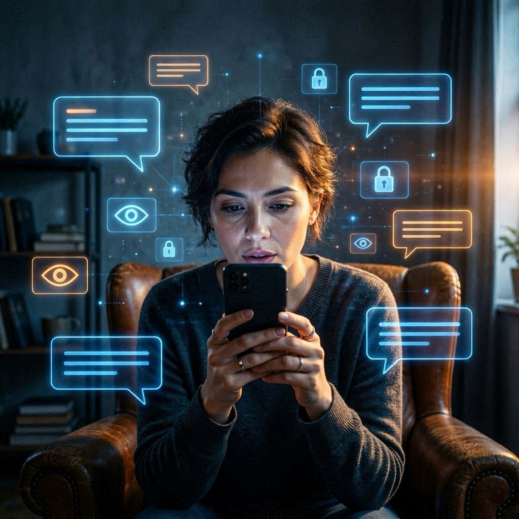 Femme assise dans un fauteuil tenant un smartphone, entourée de bulles de chat, cadenas et yeux holographiques bleus — illustration vie privée ChatGPT