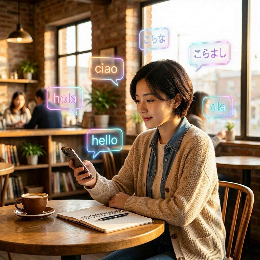 Jeune femme dans un café avec smartphone et carnet, bulles de langues holographiques autour d'elle (hello, hola, ciao, ola, caractères japonais) — méthode pour apprendre une langue avec ChatGPT