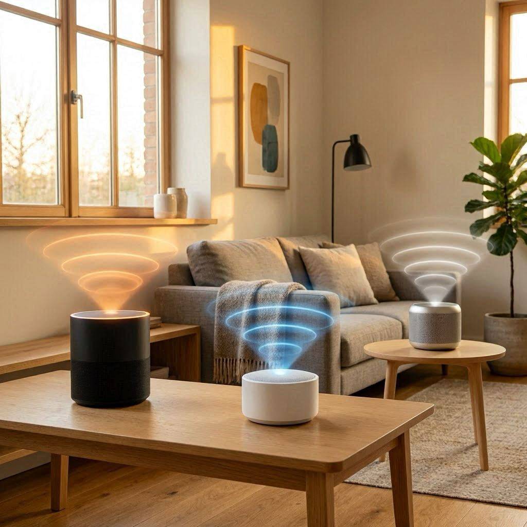 Salon scandinave chaleureux avec trois enceintes intelligentes (Amazon Echo noir, Google Nest blanc, Apple HomePod argent), ondes vocales holographiques orange, bleues et blanches émanant de chacune