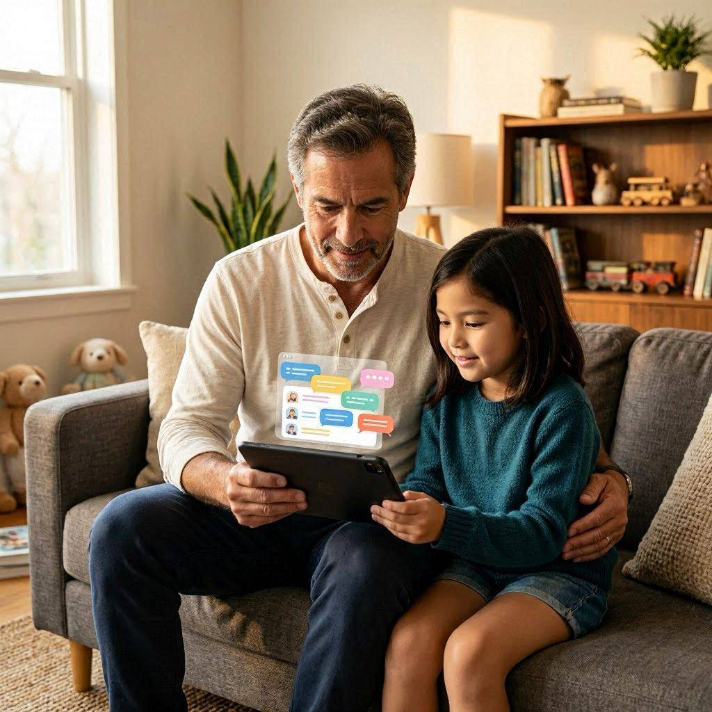 Père aux cheveux grisonnants et sa jeune fille de 9 ans assis côte à côte sur un canapé, regardant ensemble une tablette affichant des bulles de chat colorées — moment partagé d'apprentissage parent-enfant avec l'IA