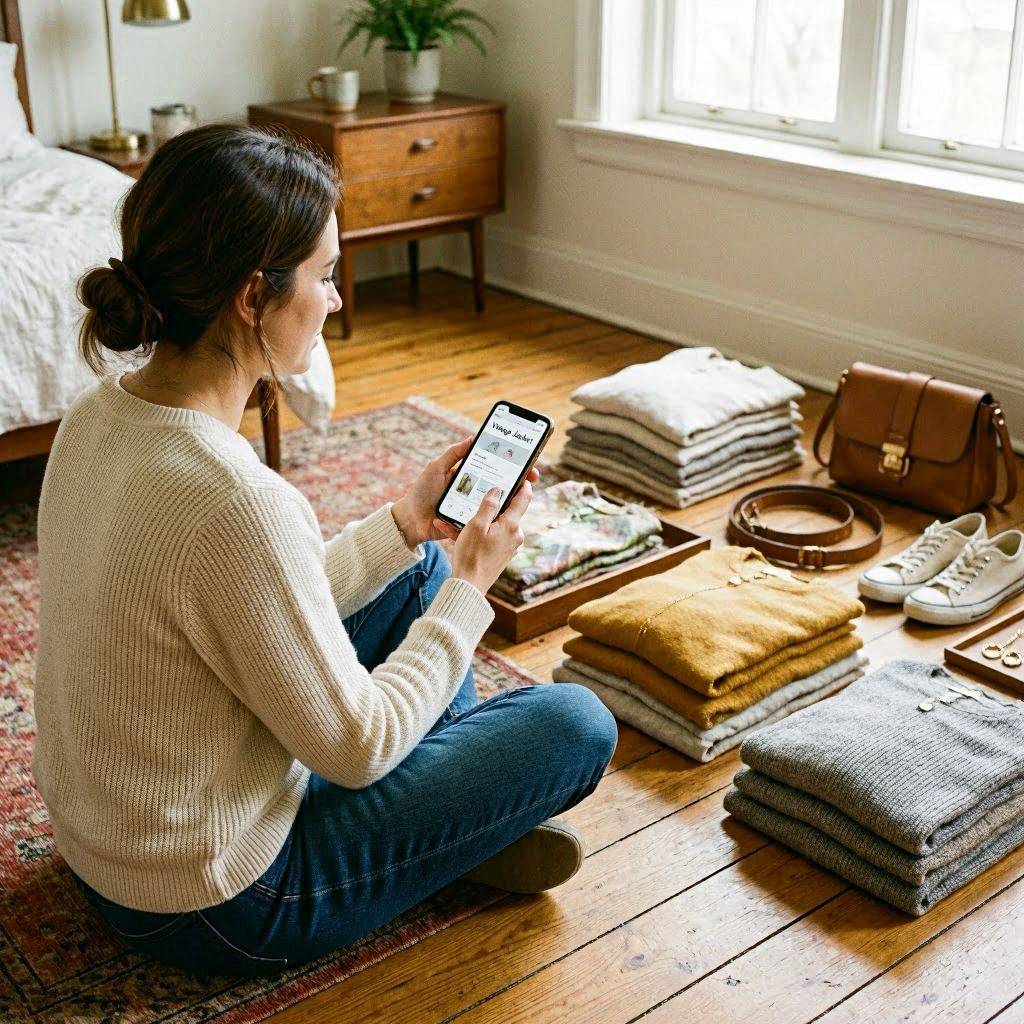 Femme assise sur un parquet en bois entourée de vêtements pliés (pulls, sac cuir, chaussures), smartphone en main affichant une annonce — méthode pour vendre sur Vinted avec ChatGPT