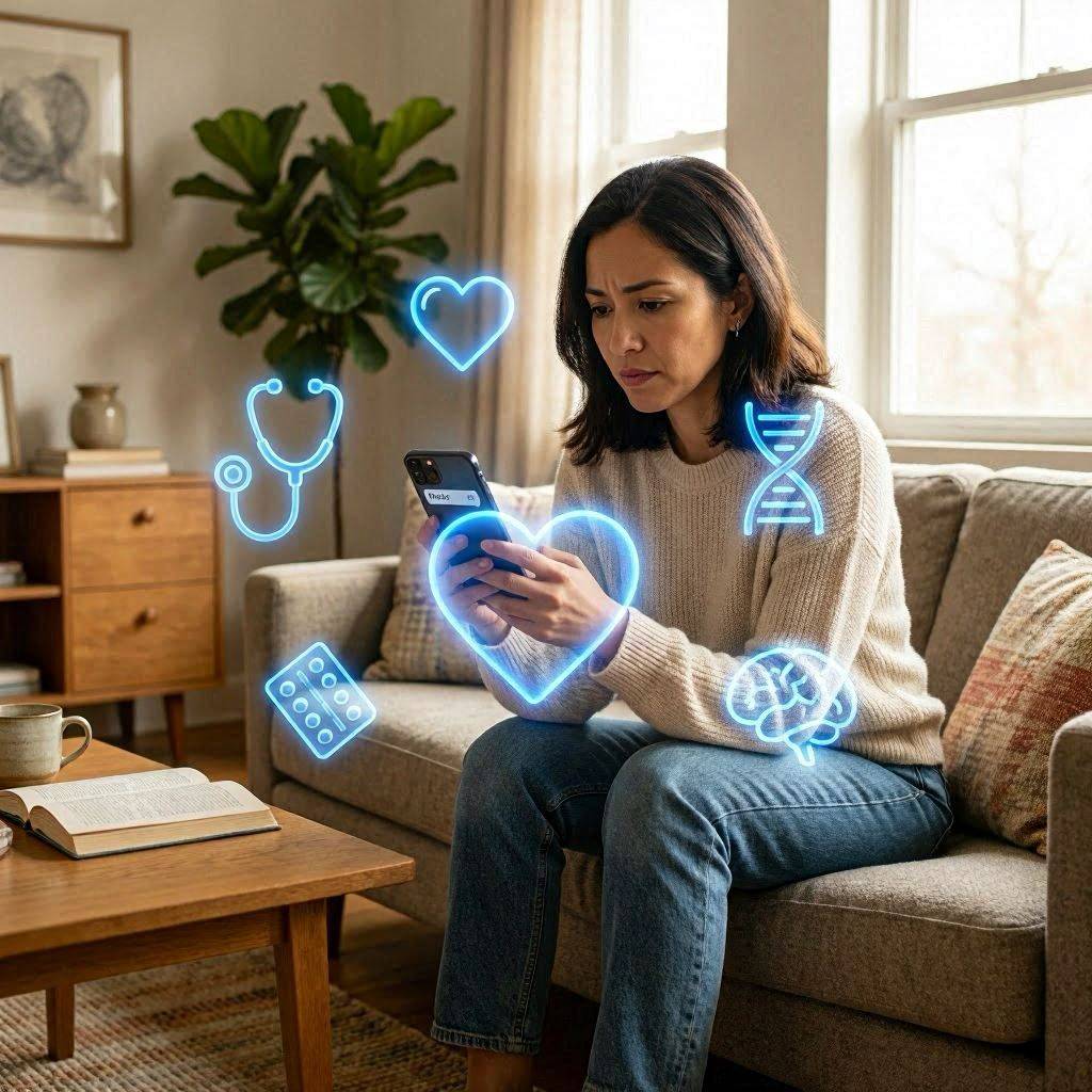 Femme assise sur un canapé tenant un smartphone, entourée d'icônes médicales holographiques bleues (stéthoscope, cœur, ADN, pilules, cerveau) — illustration du débat diagnostic médical IA en 2026