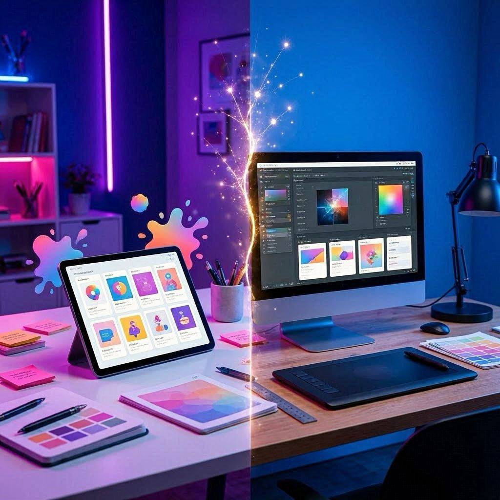 Deux espaces de travail designer côte à côte, gauche rose Canva avec tablette et templates colorés, droite bleu Adobe Firefly avec écran Photoshop et tablette graphique — match design IA 2026
