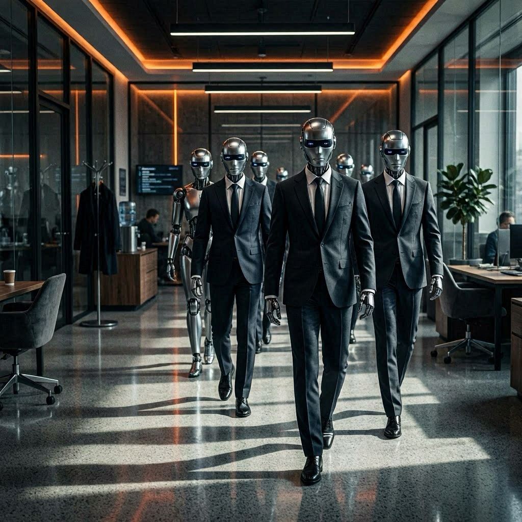 Agents IA en costume noir style Men in Black marchant dans un bureau moderne, symbolisant l'arrivée des agents IA autonomes en 2026