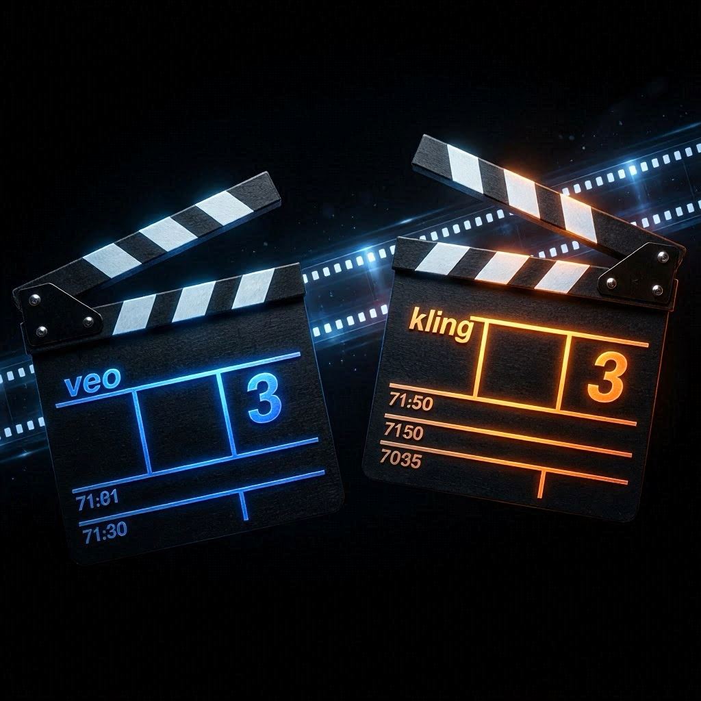 Veo 3 vs Kling 3 : clapboards de cinéma face à face symbolisant le match de la vidéo IA en 2026