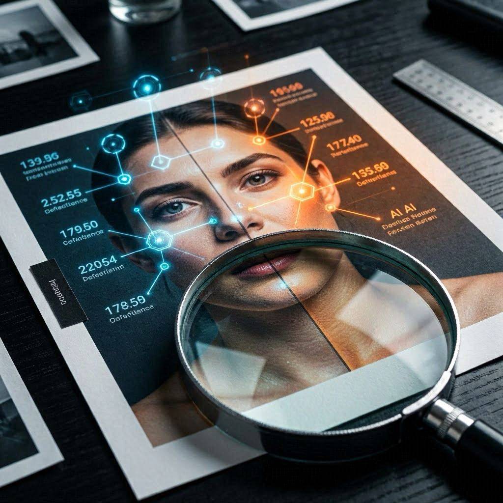 Loupe numérique examinant un portrait photo divisé en deux zones (cyan détection authentique / orange IA générée), avec scores de confiance et marqueurs d'analyse flottant — match des détecteurs d'images IA en 2026