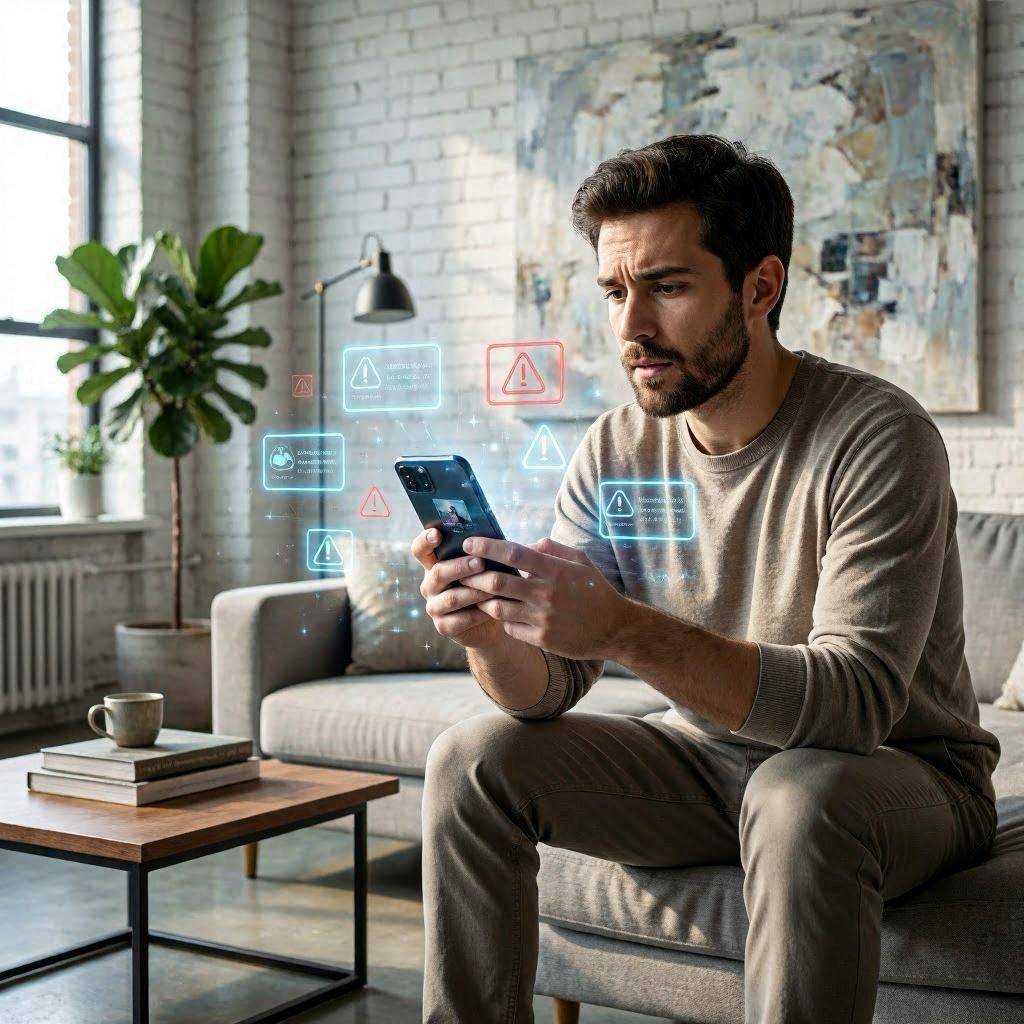 Jeune homme en pull beige assis sur un canapé dans un loft moderne avec mur de briques, examinant un smartphone entouré d'icônes d'alerte holographiques cyan et rouges — débat fake news IA en 2026