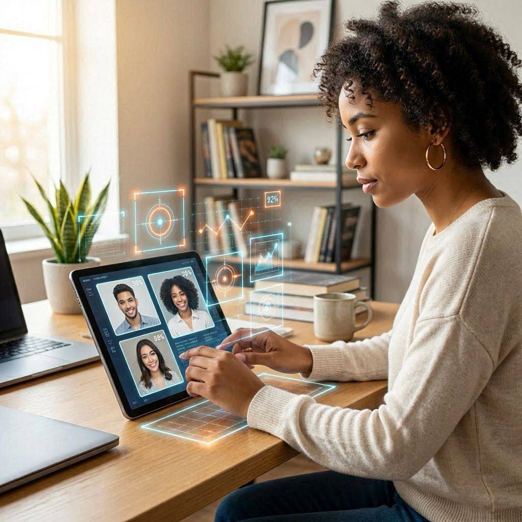 Jeune femme noire aux cheveux bouclés en home office moderne, examinant 3 portraits photo sur sa tablette avec markers de détection holographiques cyan et orange — méthode pour reconnaître une image générée par IA