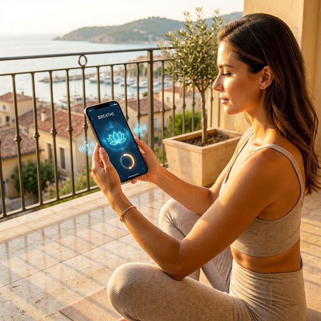 Jeune femme en posture de lotus sur une terrasse méditerranéenne au soleil levant, tenant un smartphone avec app de méditation affichant un lotus holographique cyan — match des apps de méditation IA en 2026