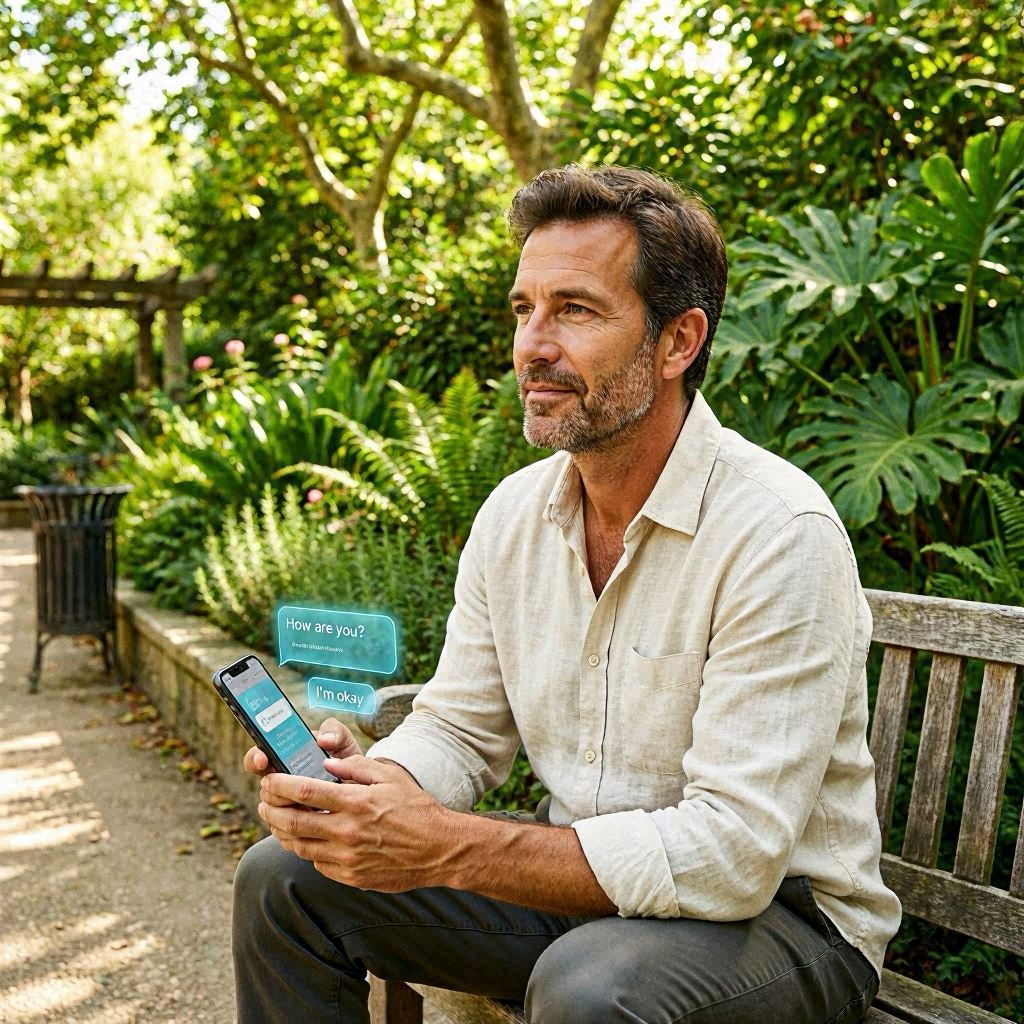 Homme dans la quarantaine assis pensif sur un banc en bois dans un jardin lumineux, tenant un smartphone affichant une conversation chat avec bulles holographiques "How are you?" / "I'm okay" — débat santé mentale et IA en 2026