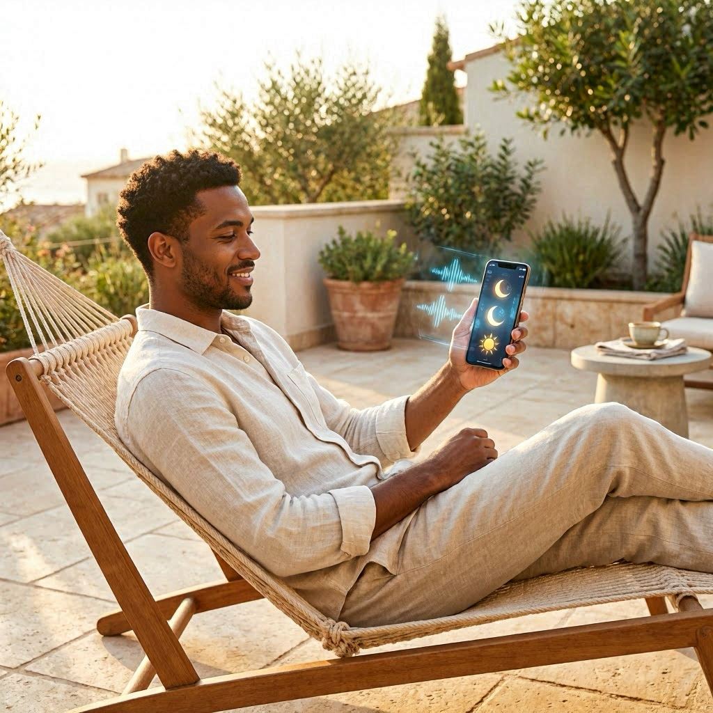 Jeune homme métisse souriant sur un transat en bois sur une terrasse méditerranéenne à l'heure dorée, tenant un smartphone affichant des icônes de routine bien-être (lune, soleil, onde respiration) — méthode 30 min/jour pour décompresser avec l'IA en 2026