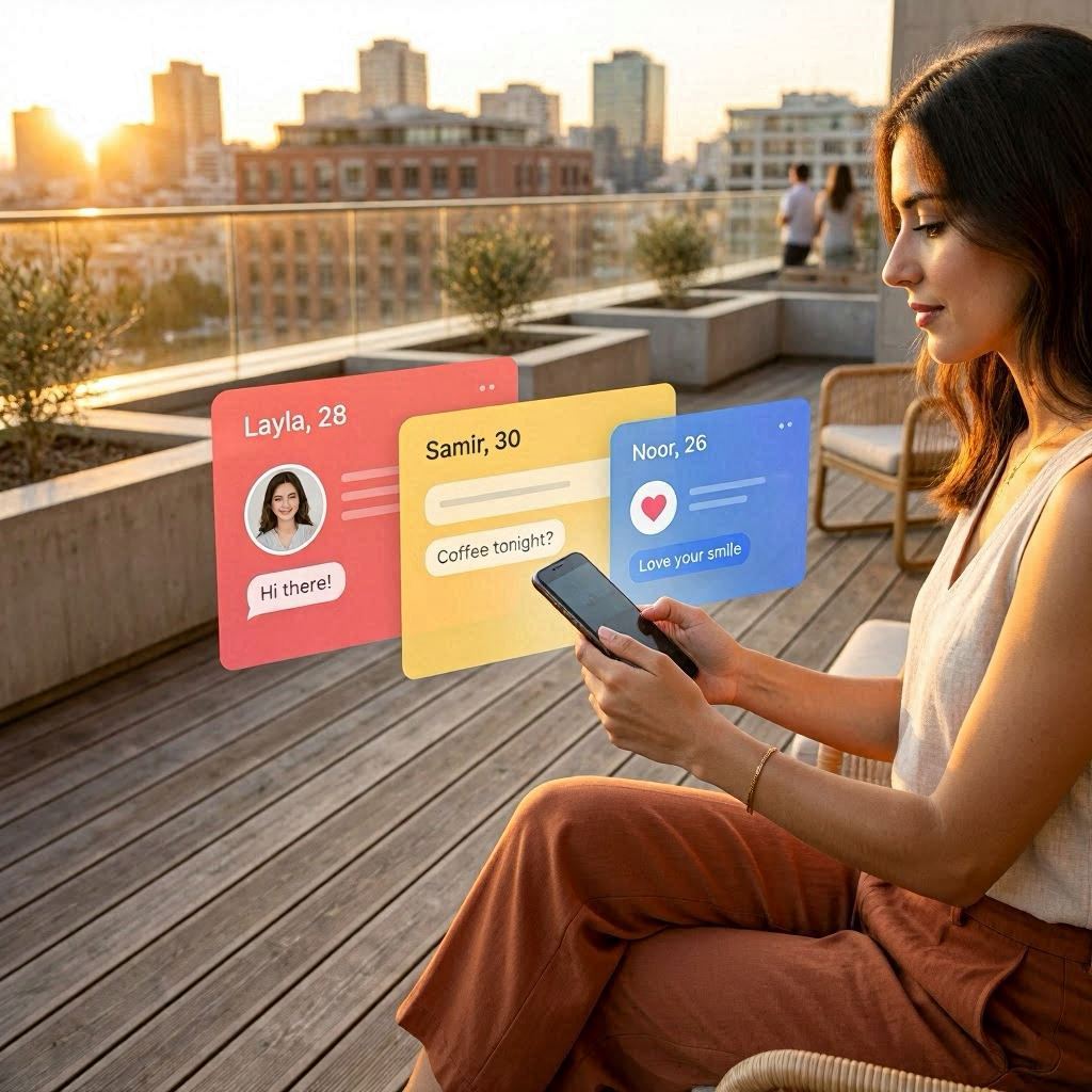 Jeune femme aux traits méditerranéens sur une terrasse rooftop au coucher de soleil, tenant un smartphone entouré de 3 interfaces dating holographiques (rose Tinder, jaune Bumble, bleu Hinge) avec profils et messages — match des apps de dating IA en 2026