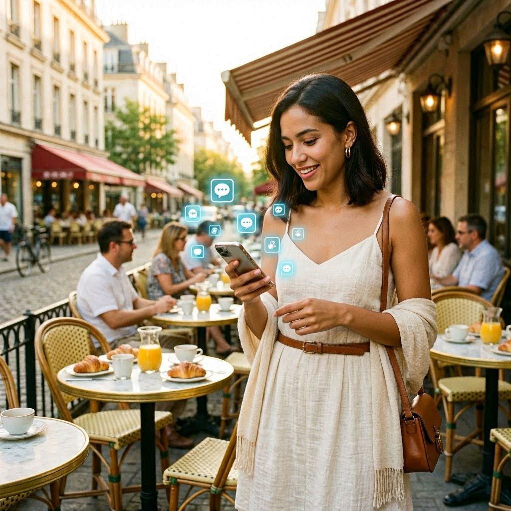 Jeune femme latine en robe d'été chic arrivant sur une terrasse parisienne au coucher de soleil, smartphone en main avec icônes holographiques cyan flottant autour, croissants et café sur les tables — méthode pour préparer son premier rendez-vous avec ChatGPT en 2026