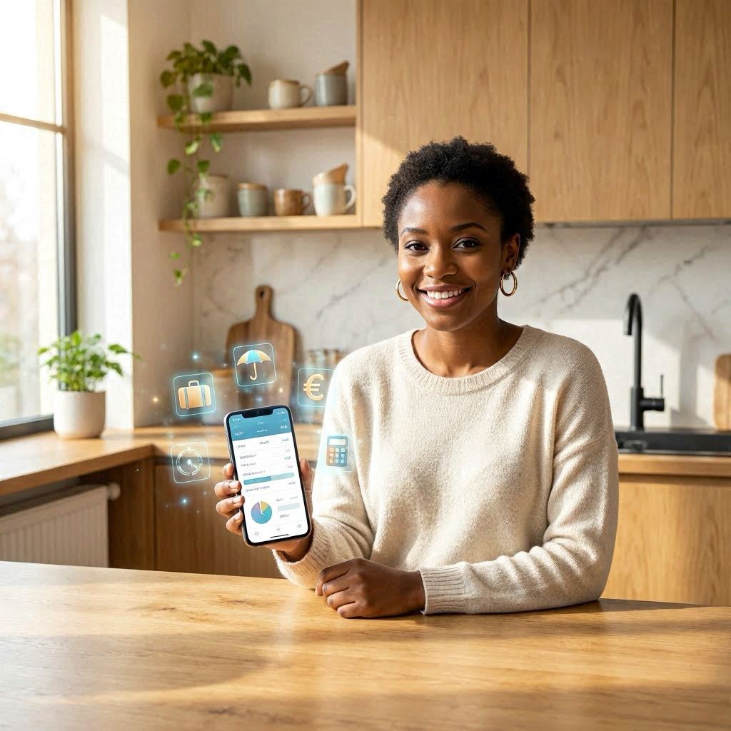 Jeune femme noire souriante dans sa cuisine scandinave moderne, tenant un smartphone avec app de suivi budget vacances entouré d'icônes holographiques cyan et or (valise, parasol, euro, calculatrice) — match des apps budget vacances IA en 2026