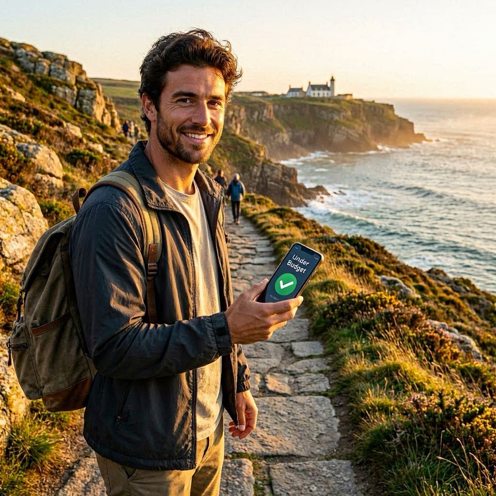 Jeune homme aux traits méditerranéens souriant sur un sentier côtier breton au coucher de soleil, sac à dos vintage, smartphone en main affichant "Under Budget" avec coche verte, falaises et océan Atlantique en arrière-plan — méthode vacances réussies à petit budget grâce à l'IA en 2026