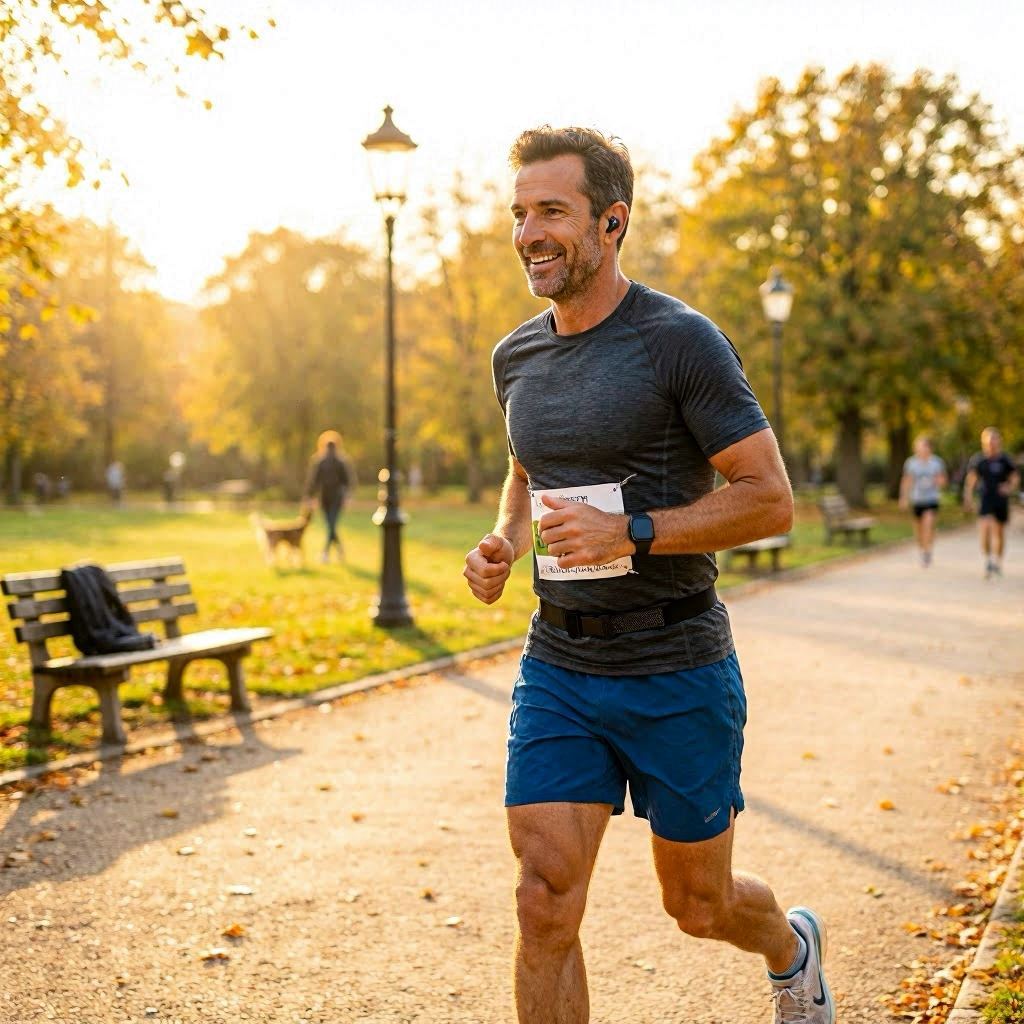 Homme en train de courir dans un parc au lever du soleil avec smartwatch