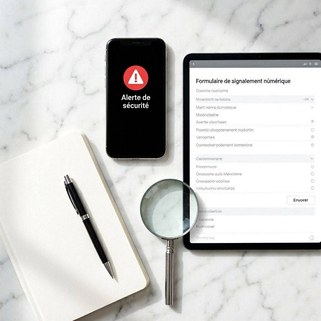 Smartphone affichant une alerte sécurité et tablette avec formulaire de signalement numérique français