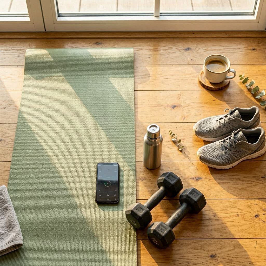 Flat lay matinal avec tapis de yoga, smartphone app fitness, haltères et café