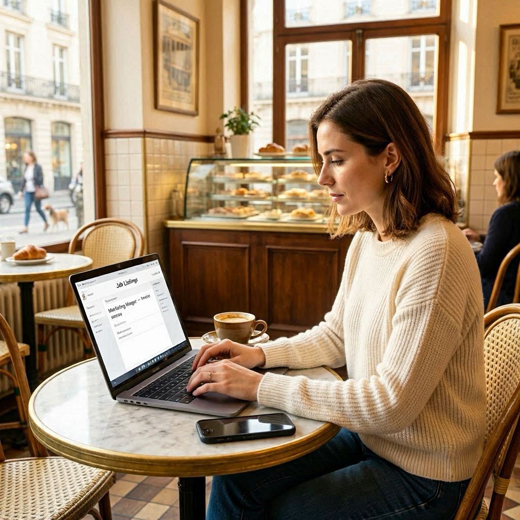 Femme travaillant sur son laptop dans un café parisien à la recherche d'un emploi