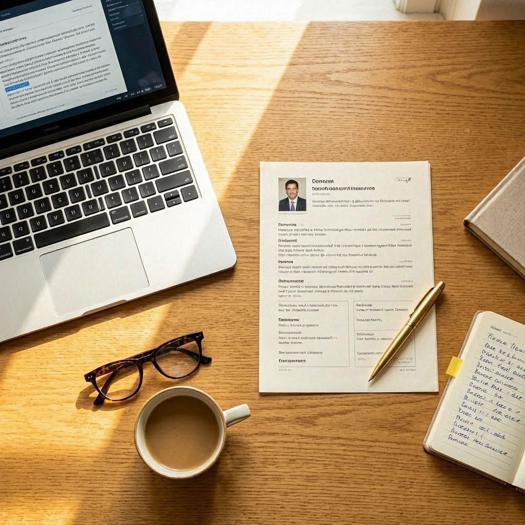 Flat lay candidature avec CV imprimé, laptop, carnet de notes et café