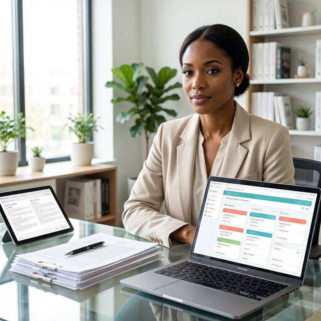 Femme avocate à son bureau moderne consultant une interface IA juridique sur laptop et tablette