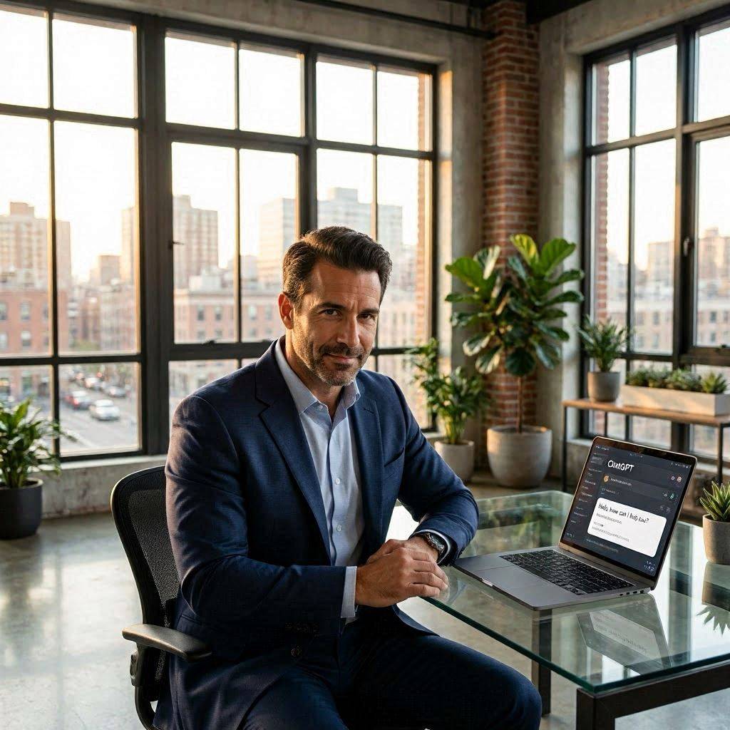 Cadre en costume dans un bureau new-yorkais consultant un document du Code du travail sur son laptop