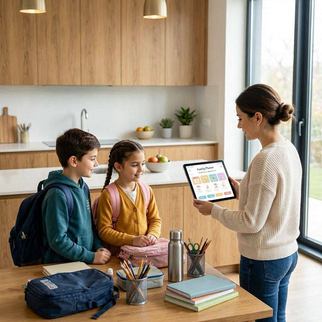 Jeune mère présentant une application planner familial sur tablette à ses 2 enfants prêts pour la rentrée scolaire