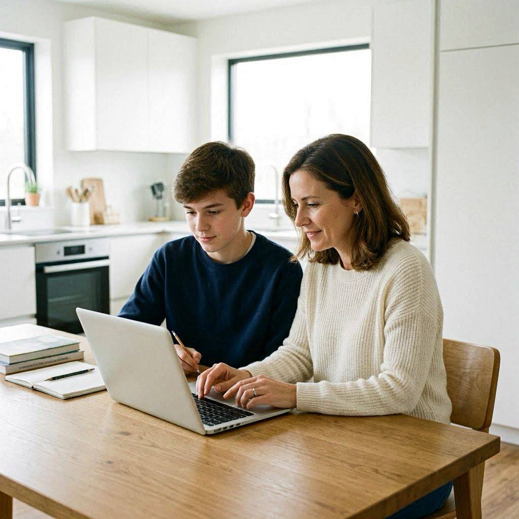 Mère accompagnant son fils adolescent dans ses devoirs sur ordinateur portable dans une cuisine moderne
