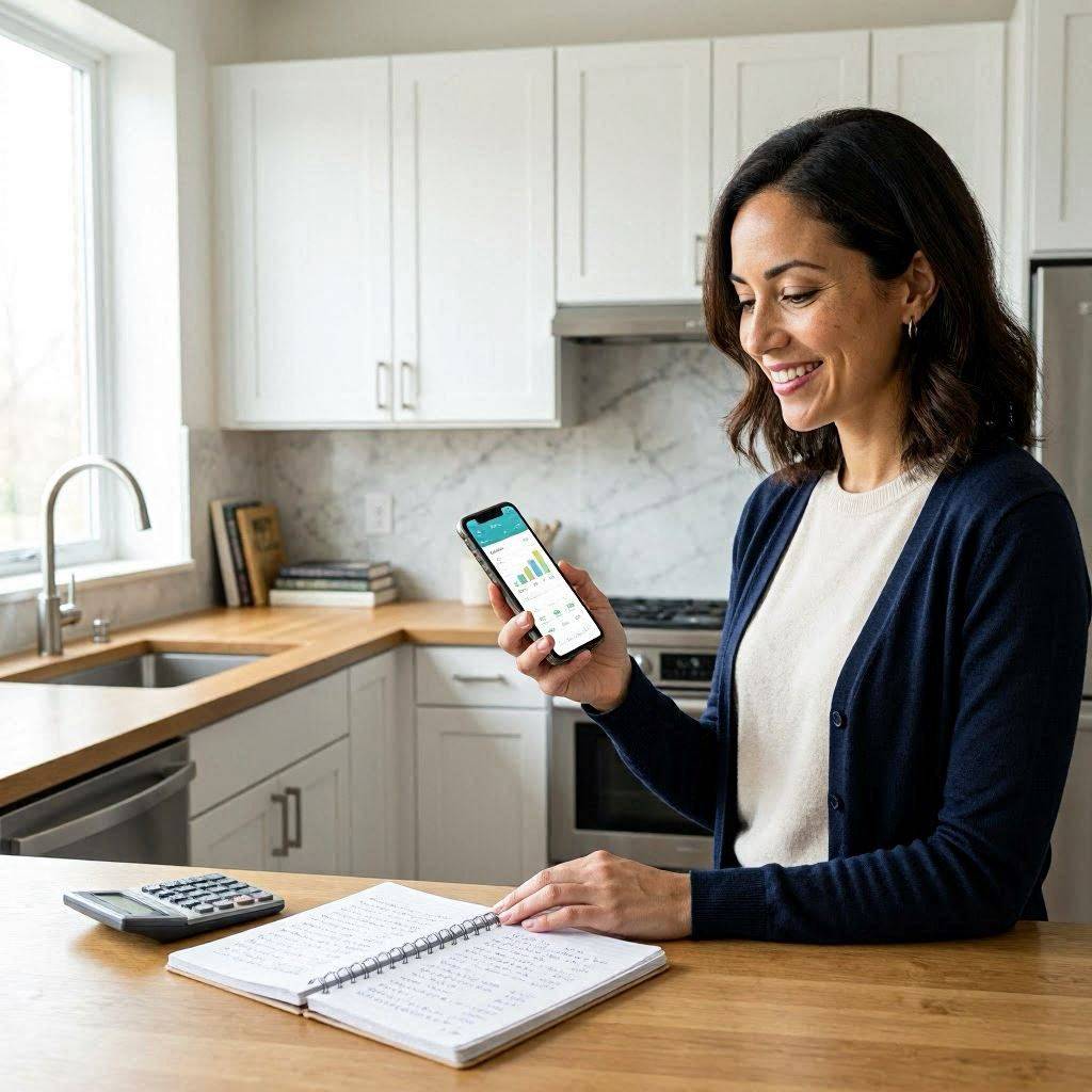 Femme souriante consultant une application de budget sur son smartphone dans sa cuisine moderne