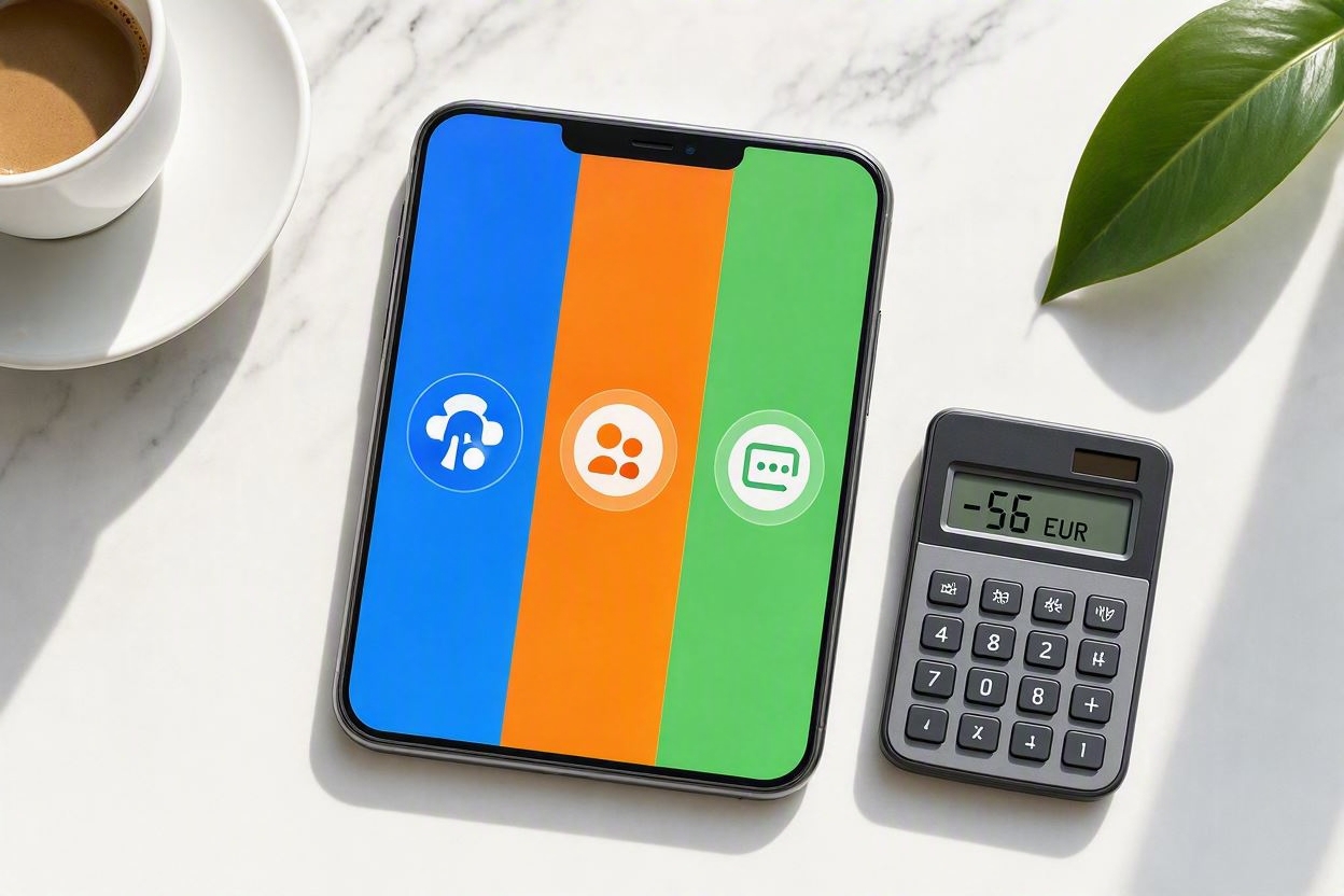 Composition IA gratuite avec smartphone 3 chats colorés et calculatrice économies -56 EUR