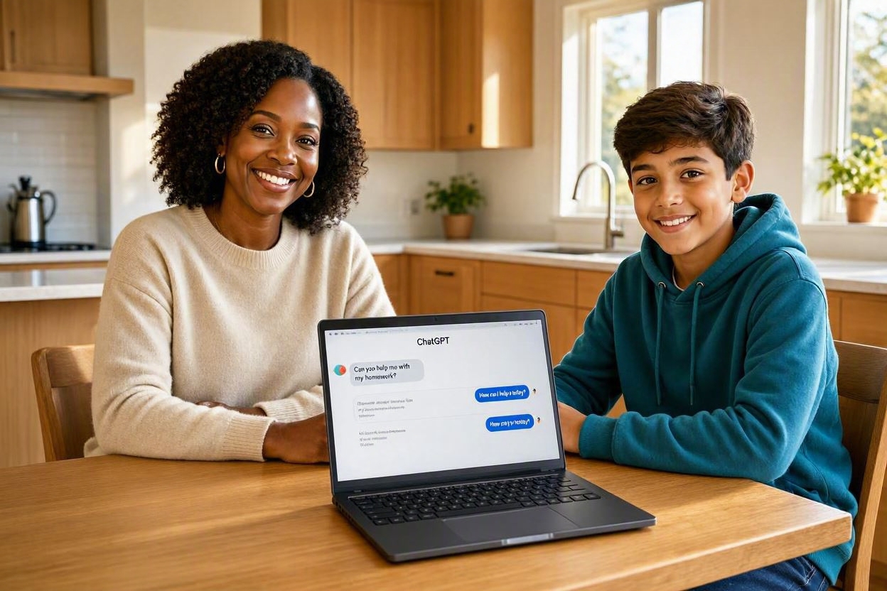 Mère et son fils adolescent souriants devant un ordinateur portable noir affichant ChatGPT dans une cuisine moderne