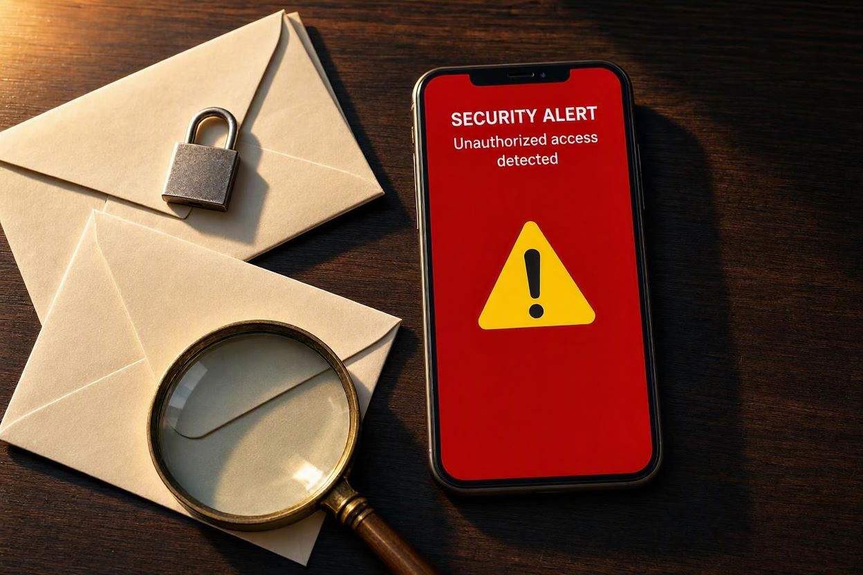 Smartphone affichant une alerte de sécurité rouge à côté d'une loupe et de courriers suspects sur un bureau en bois sombre