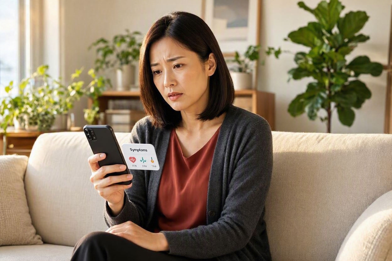Femme asiatique inquiète consultant une application santé sur son smartphone dans son salon