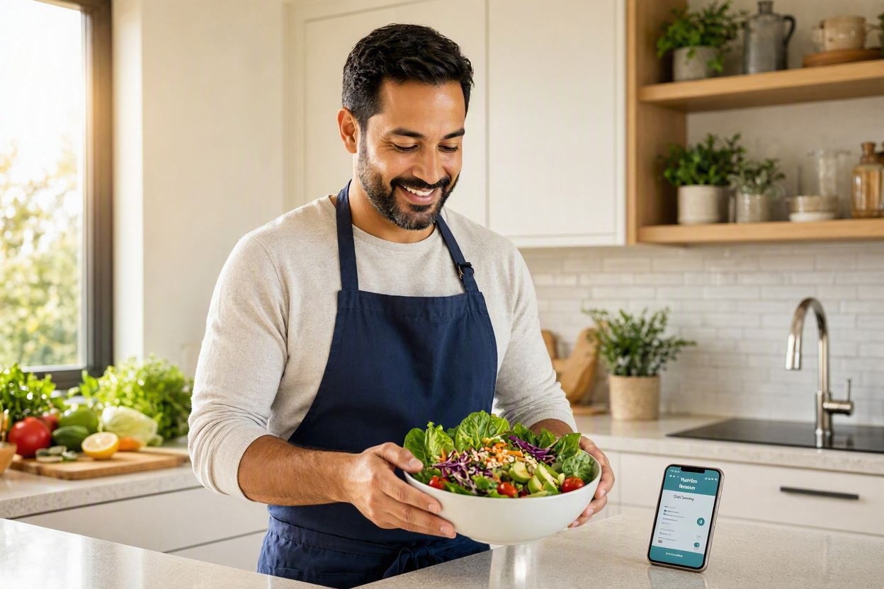 Homme hispanique souriant préparant une salade colorée dans une cuisine moderne avec une application nutrition sur son smartphone