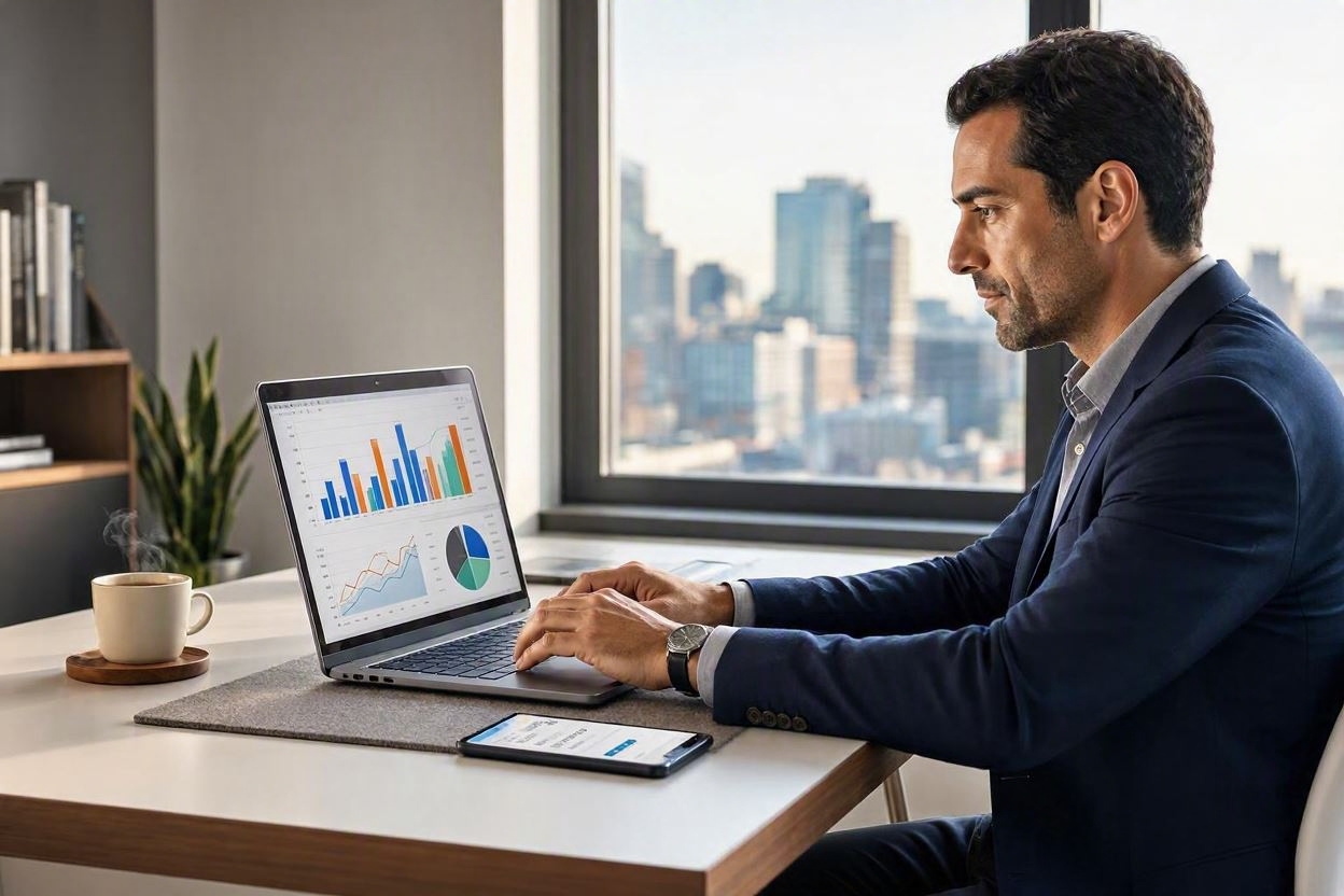 Homme cadre hispanique à son bureau moderne analysant des graphiques financiers sur son laptop pour piloter son épargne