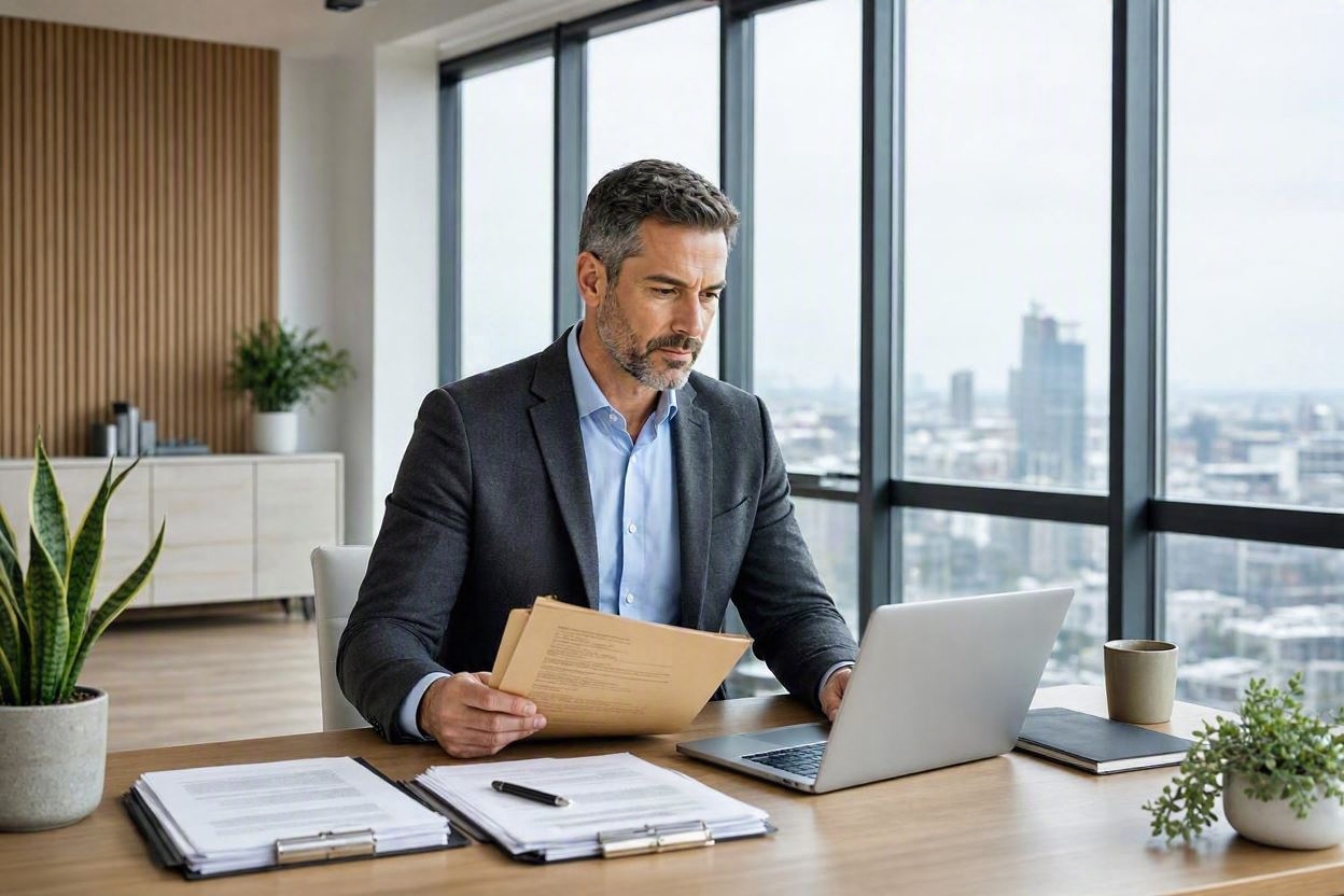 Cadre analysant ses documents fiscaux sur son laptop dans un bureau moderne, préparation déclaration impôts avec ChatGPT