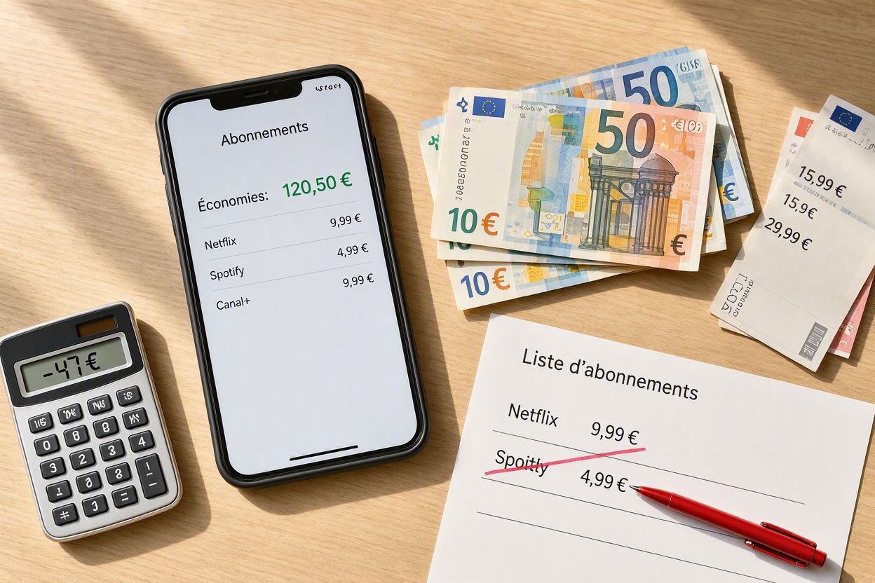 Flat lay avec smartphone affichant une application de suivi d'abonnements, factures et calculatrice sur bureau en bois clair