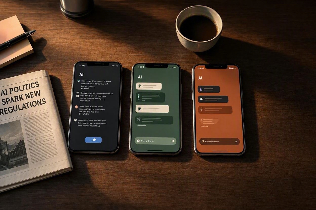 Trois smartphones côte à côte affichant les interfaces des IA Grok, ChatGPT et Claude sur un bureau en bois sombre avec journal politique