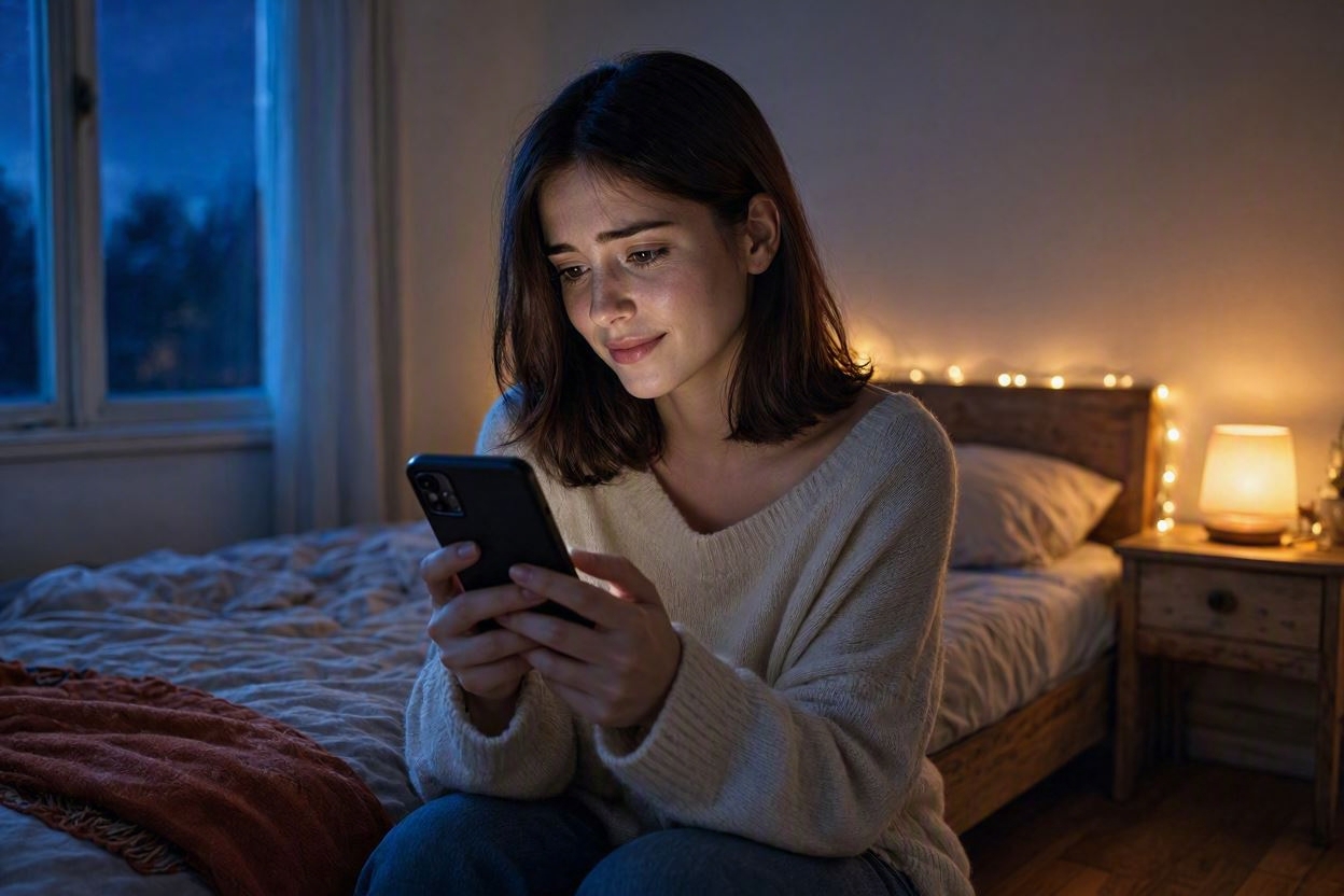 Jeune femme seule dans sa chambre la nuit, tenant son smartphone avec expression tendre et mélancolique, ambiance intime