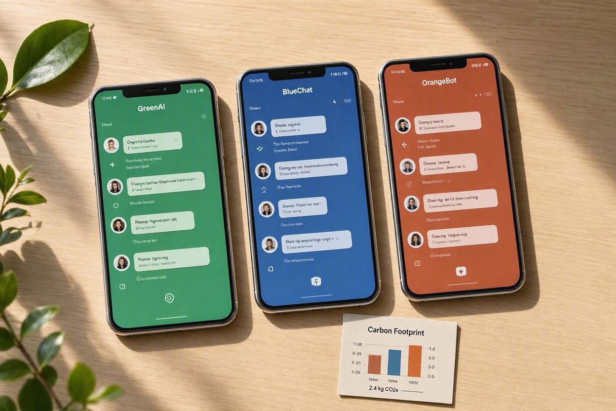 Trois smartphones affichant des IA différentes avec chart empreinte carbone sur bureau écologique