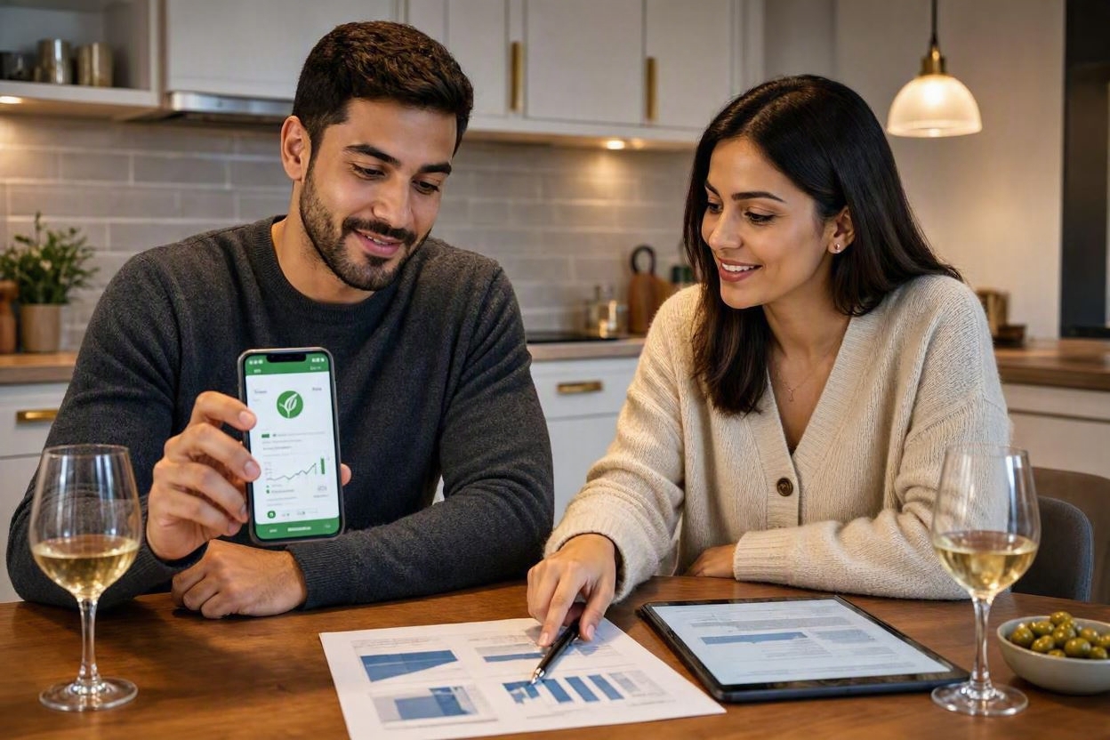 Couple discutant écologie et IA à table avec smartphone app verte et graphiques