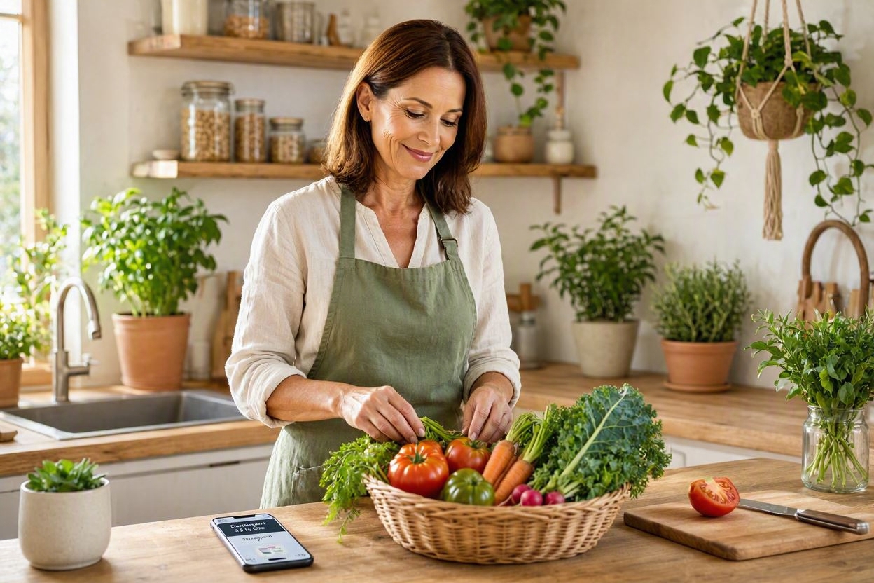 Femme préparant panier de légumes frais locaux dans cuisine écologique avec smartphone app carbone
