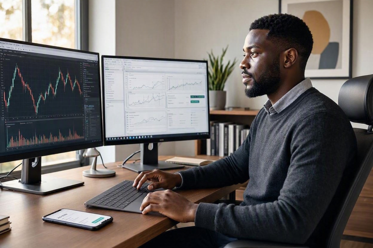Jeune homme cadre analysant graphiques bourse sur écrans avec app trading