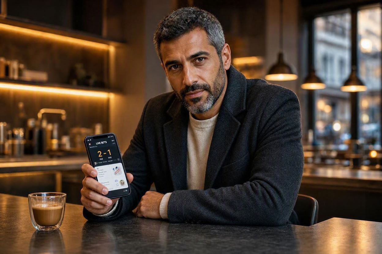 Homme réfléchissant devant application paris sportifs en direct dans un bar moderne