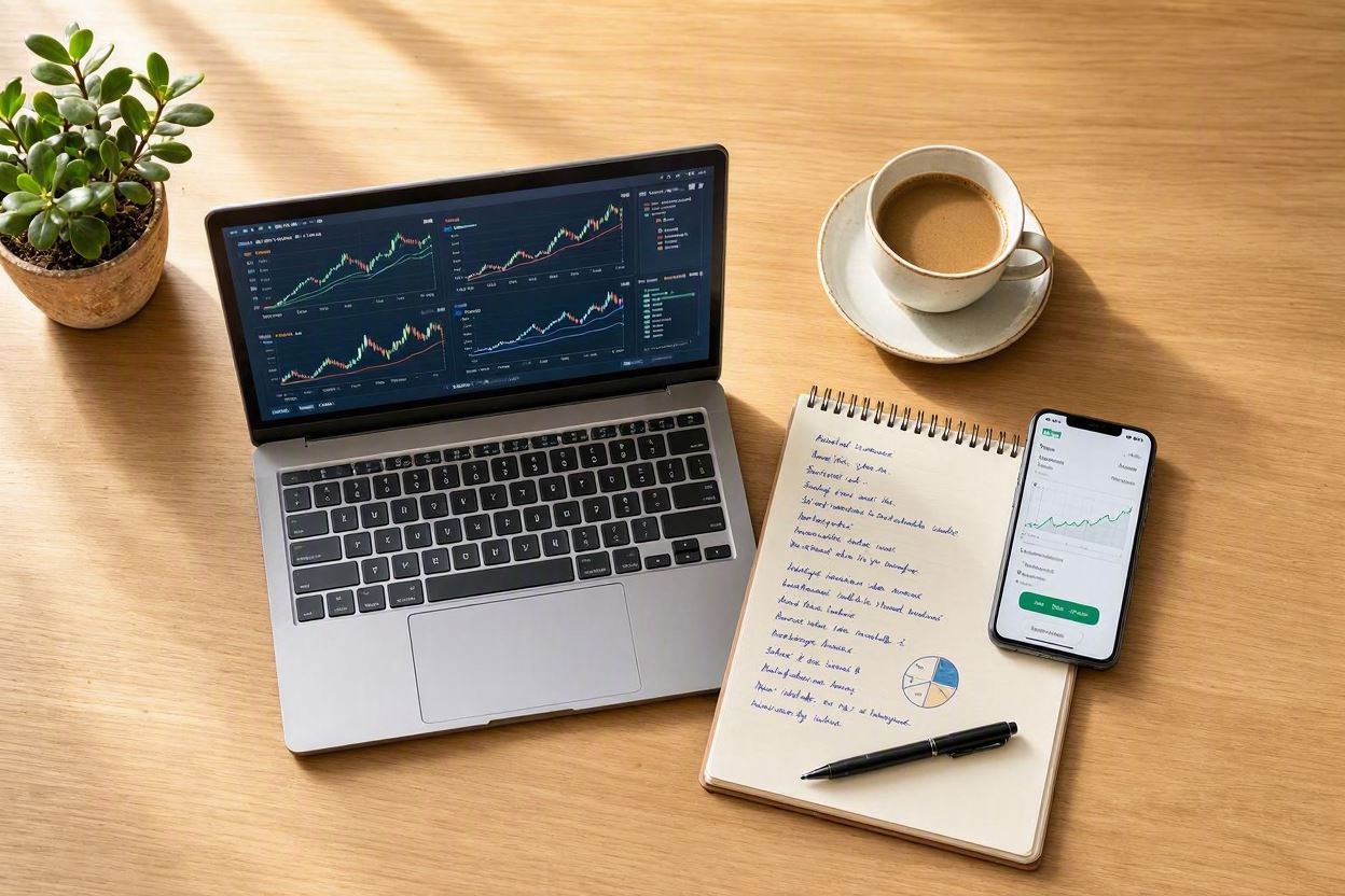 Flat lay laptop avec graphiques portefeuille ETF, carnet stratégie investissement et smartphone app trading