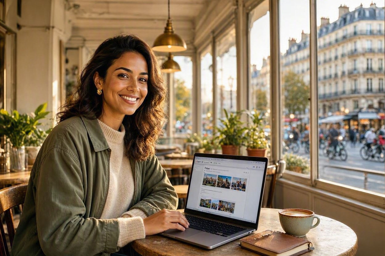 Jeune femme freelance souriante travaillant sur laptop dans un café parisien lumineux