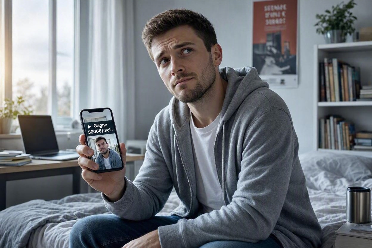 Jeune étudiant sceptique devant vidéo promesse revenus miracles ChatGPT sur smartphone